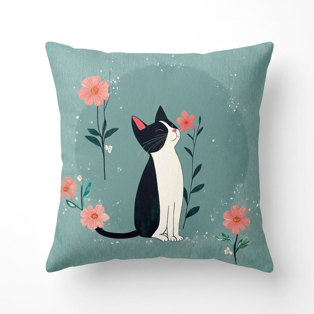 Decorative pillow with a black and white cat and pink flowers on a teal background