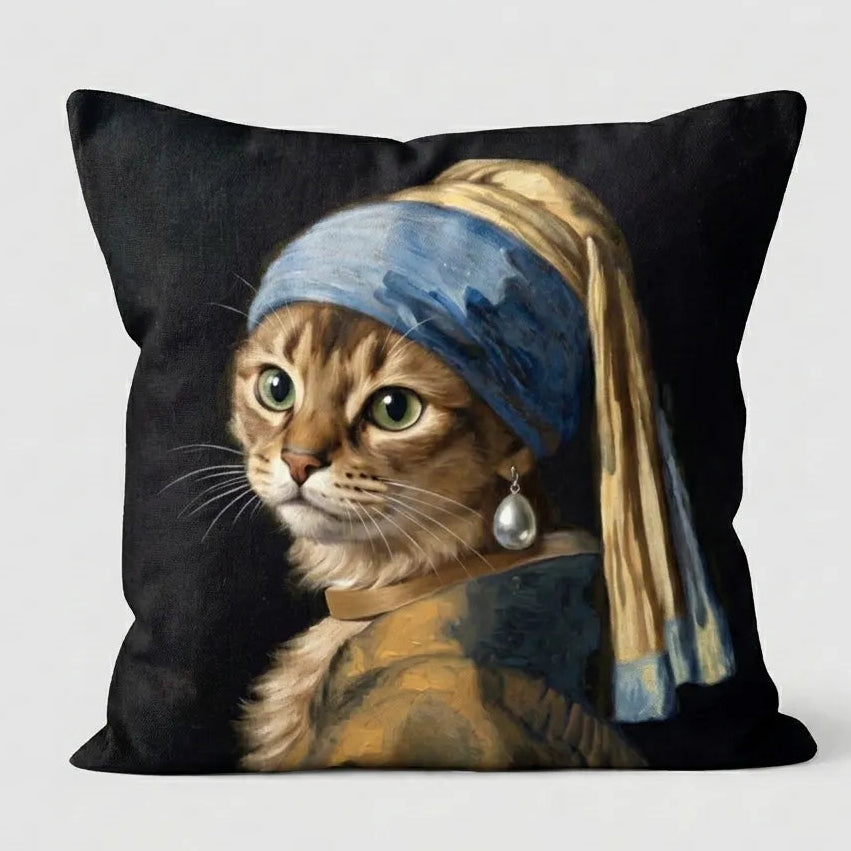 Pillow with a cat wearing a blue headscarf and pearl earring design, inspired by famous art.