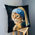 Meow with a Pearl Earring – Premium Suede Cushion Cover (16x16)