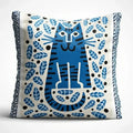 Decorative pillow with blue cat design on a white background