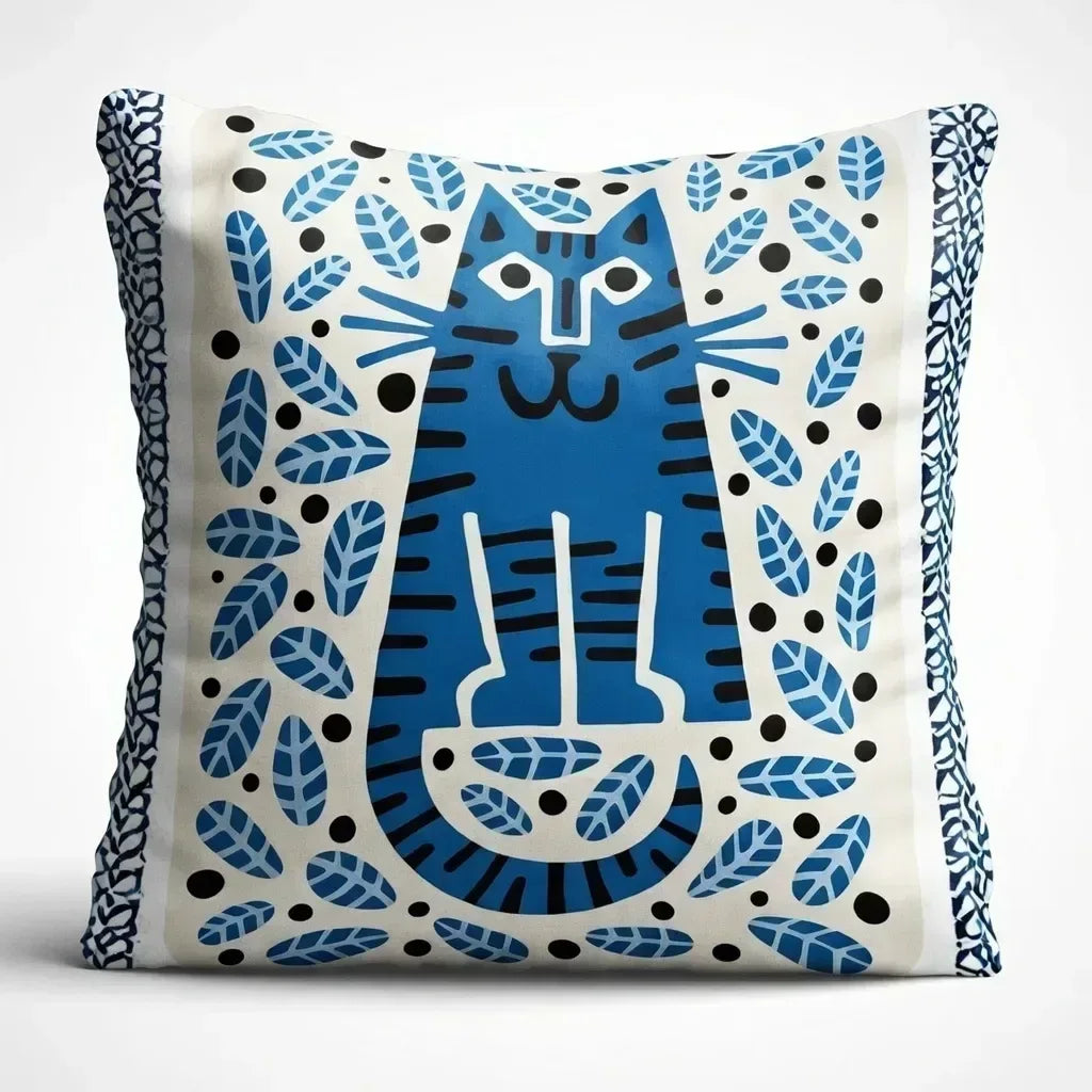 Decorative pillow with blue cat design on a white background