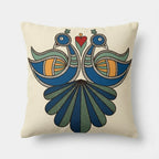 Decorative pillow with a colorful bird design on a beige background