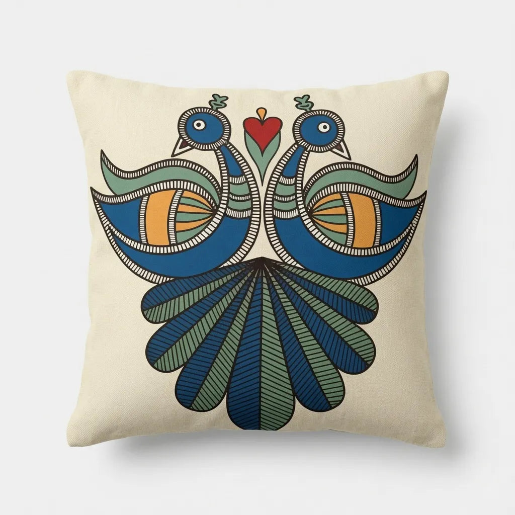Decorative pillow with a colorful bird design on a beige background