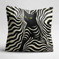 Pillow with a black cat design on a wavy pattern background