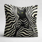 Pillow with a black cat design on a wavy pattern background