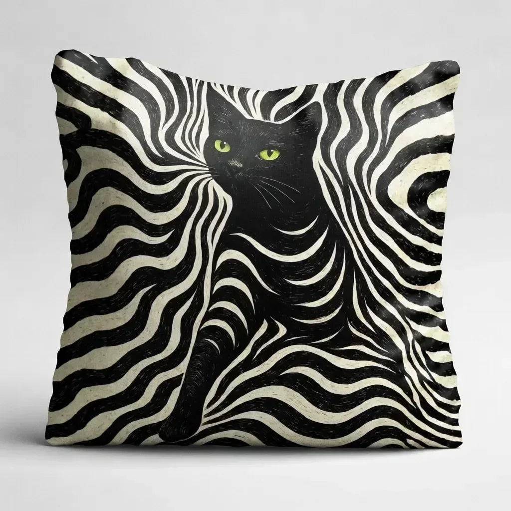 Pillow with a black cat design on a wavy pattern background