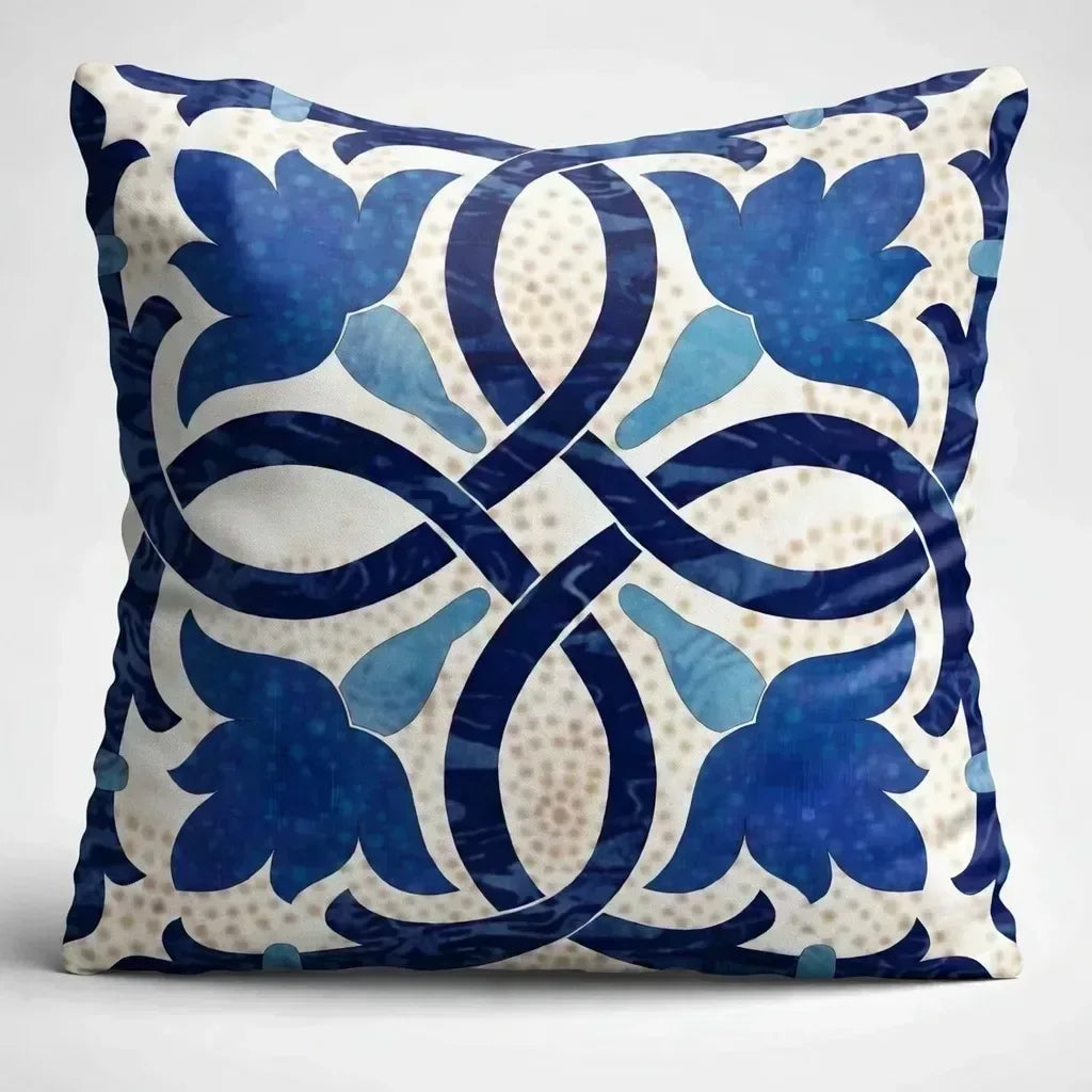 Decorative pillow with blue floral pattern on a white background