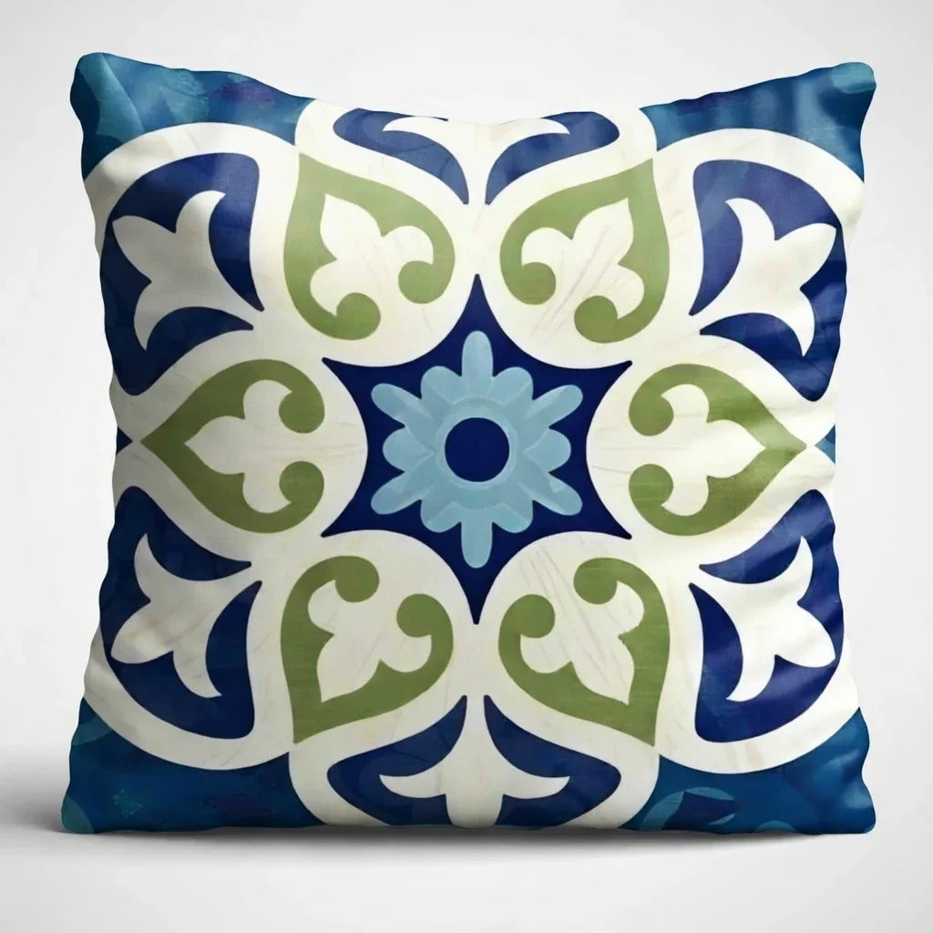 Decorative pillow with a blue and green pattern on a white background