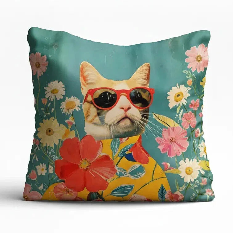 Sunny Bloom Cat – Premium Satin Silk Cushion Cover (16x16) - Joot Official 