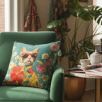 Sunny Bloom Cat – Premium Satin Silk Cushion Cover (16x16) - Joot Official 